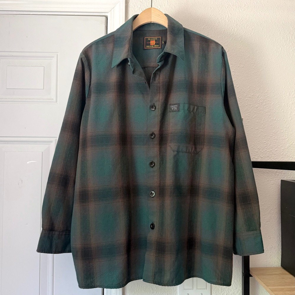 FB COUNTY green brown plaid check long sleeve button up over shacket shirt